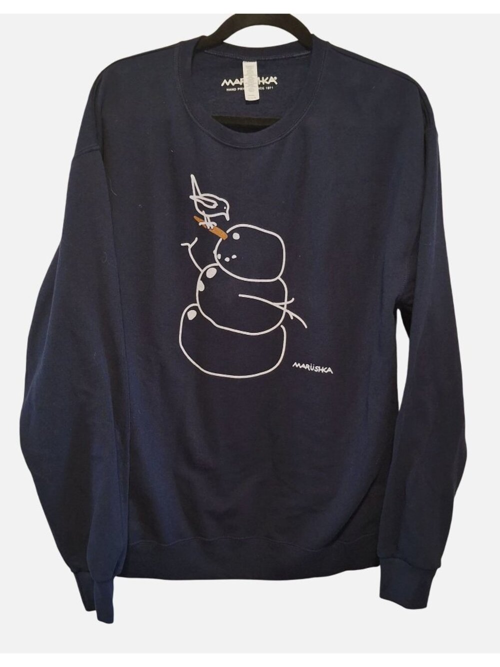 Marushka Hand Printed Navy Sweatshirt With Snowman Graphic - Large